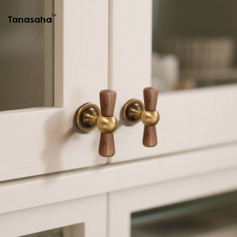 Vintage Furniture Hardware Pulls - Puxador redondo de latão de nogueira